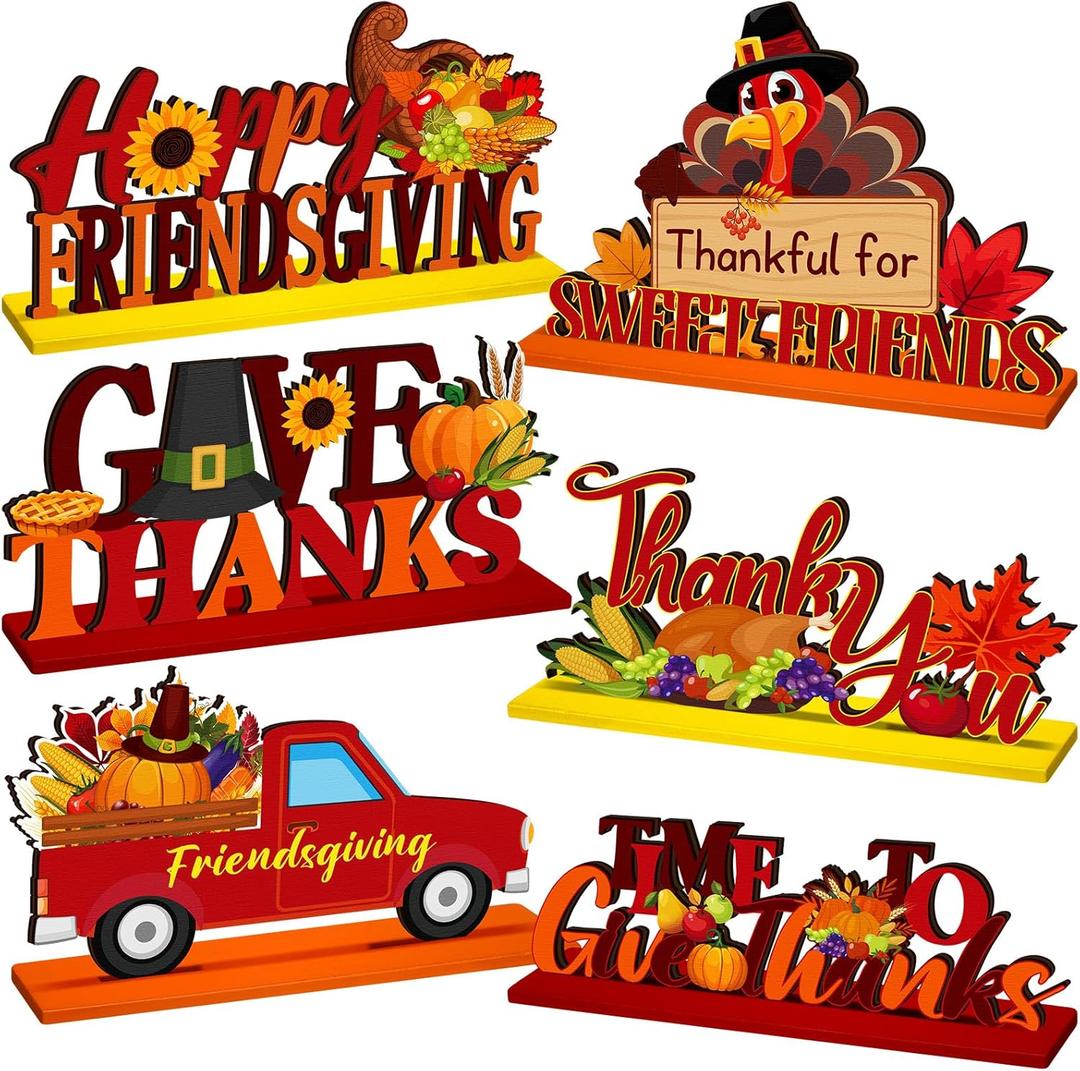 6 PCS Friendsgiving Table Decoration Happy Friendsgiving Wooden Centerpiece Signs Friendsgiving Thanksgiving Party Decor Turkey Pumpkin Truck Decor for Thanksgiving Harvest Fall Party