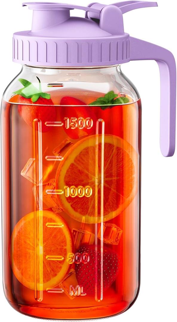 64 oz Glass Pitcher with Lid, Large Wide Mouth Mason Jar with Pour Spout, Purple Sun Tea Glass Jar for Outside, Juice Pitcher Great for Drink, Cold Beverages and Breast Milk