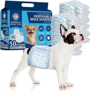 American Kennel Club Male Dog Wrap, Disposable Diapers with Wetness Indicator, X-Small, 50 Count (XS Waist 6 - 13 in)