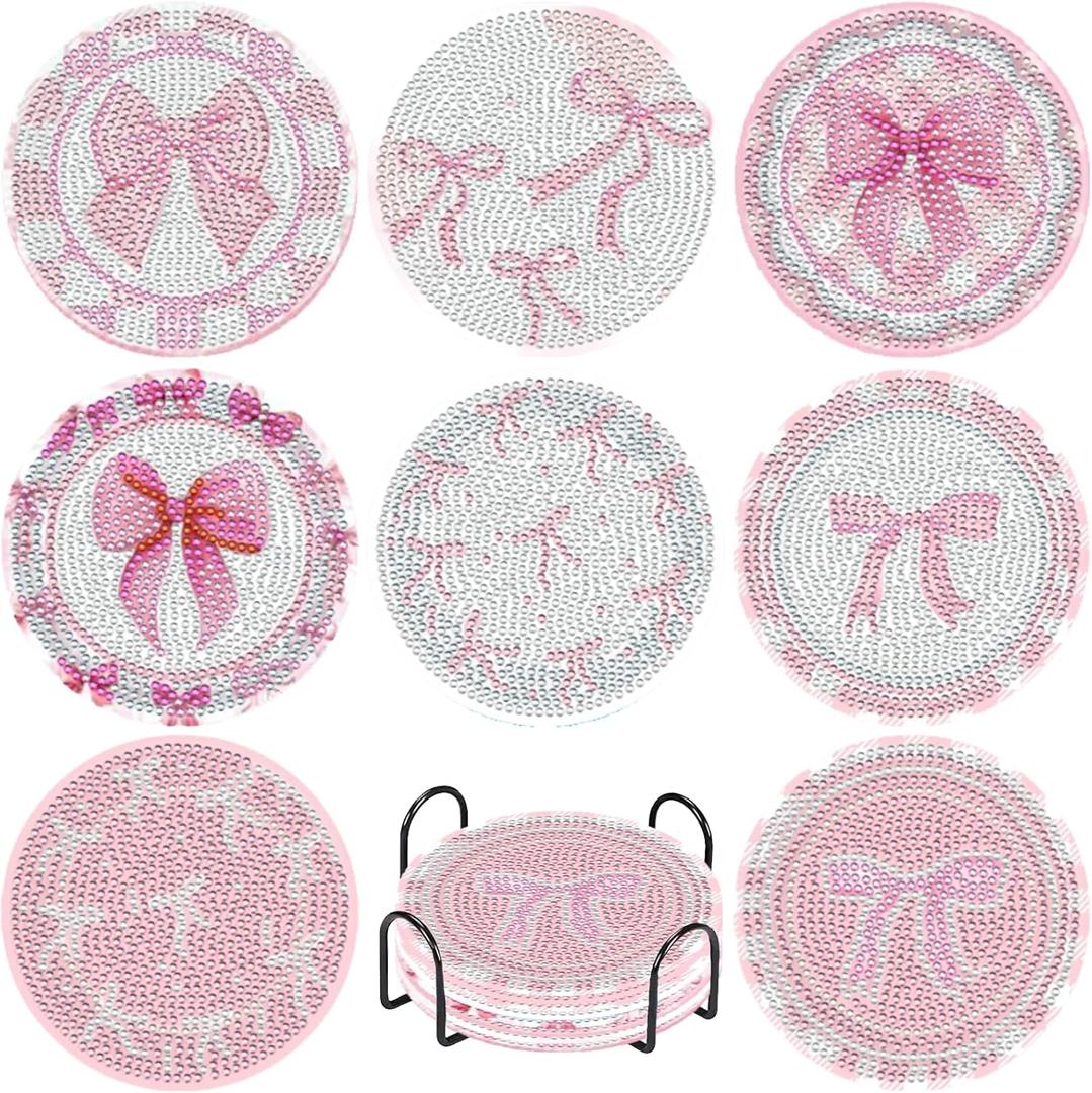 8 Pcs Diamond Painting Coasters,Diamond Painting Kits,Pink Bow Diamond Art Coasters,5D DIY Full Drill Diamond Dots,Gem Art Kits for Adults Arts and Crafts Supplies