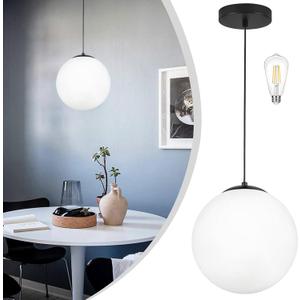 KoKo&Yukina 10" Globe Pendant Light Black Mid Century Pendant Light Mid Century Adjustable Hanging Light Fixture Matte Black Finished with Milk Glass Lampshade for Dining Room Bedroom Kitchen Island, 10 inch - standard