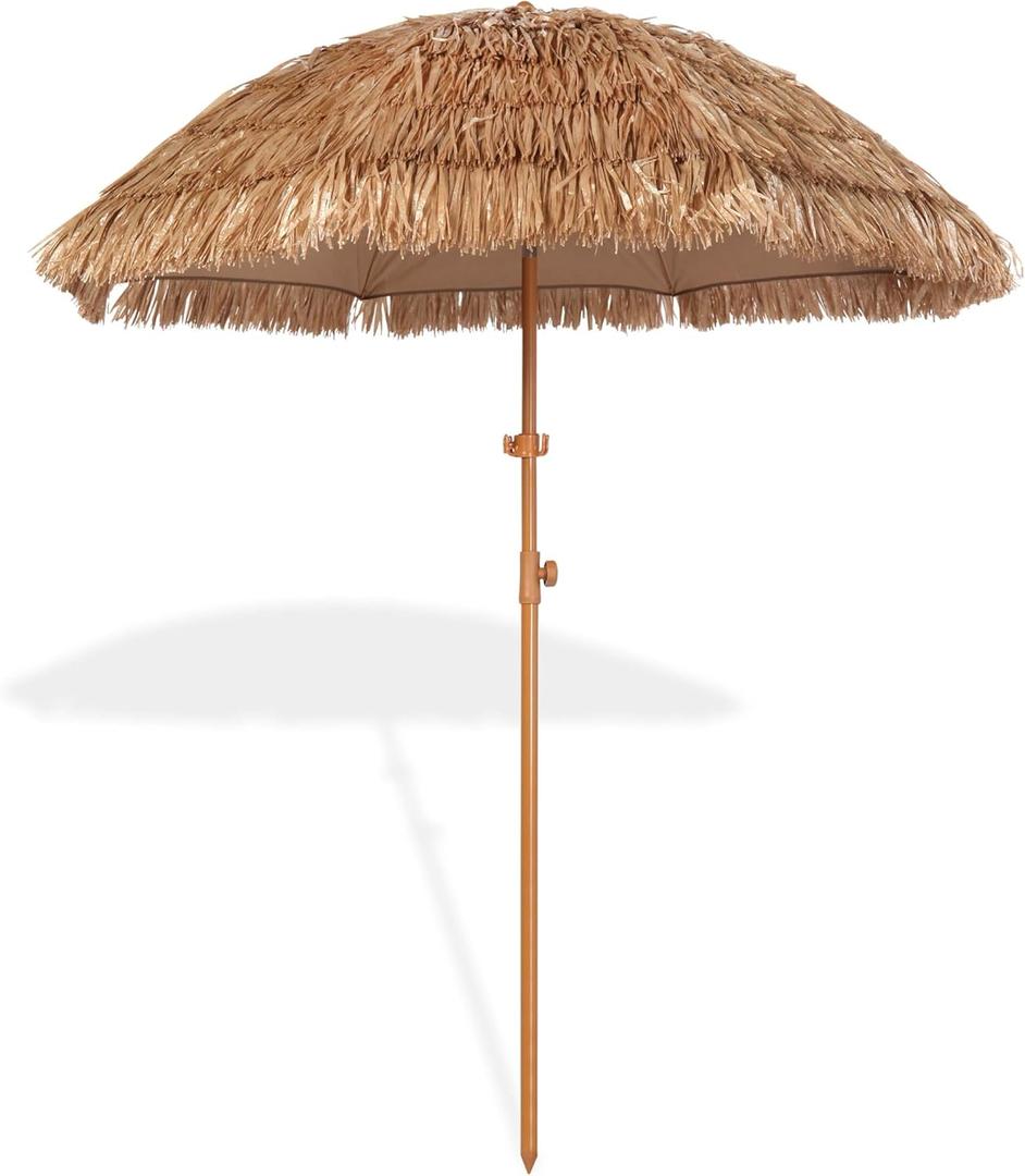 6.5ft Hula Tahtched Tiki Patio Umbrella, Beach Umbrella Hawaiian Style with Hanging Hook and Tilt Design, 8 Ribs with Carry Bag for Outdoor Tiki Bar, Tropical Palapa, Garden, Pool, Natural