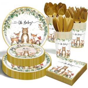 Woodland Baby Shower Party Supplies - 175 Pcs Safari Jungle Animal Wild Animal Party Decorations Nature Sage Plates Napkin Cups Spoons Forks Knives Tableware Set, Serves 25 Guests
