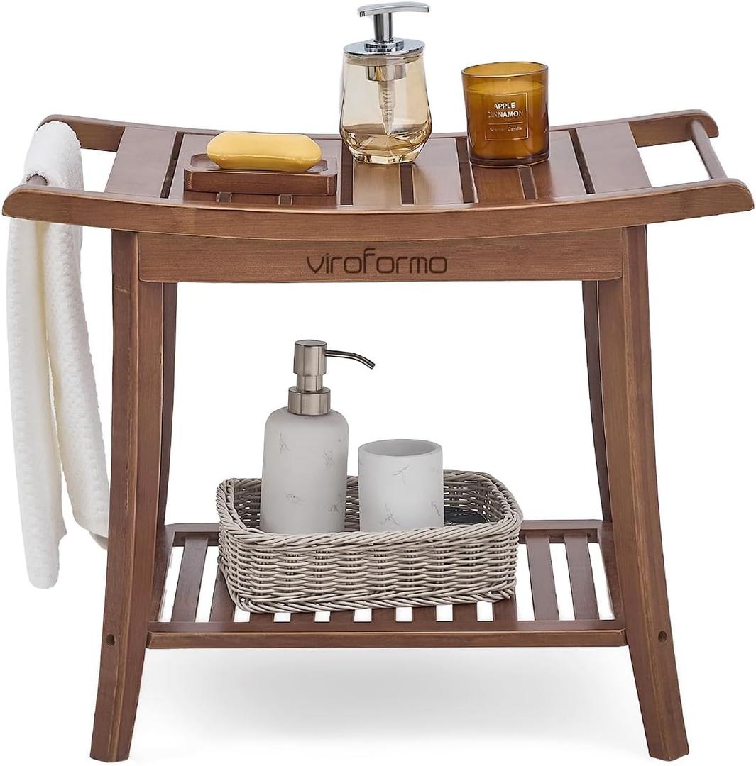 Bamboo Shower Bench Stool with Storage Shelf and Soap Dish, Waterproof Shower Stool 2-Tier, Walnut Bathroom Bench Spa Seat Non-Slip, Shower Chair Indoor and Outdoor Use