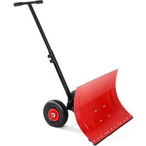 Snow Shovel for Driveway with Wheels, 29.1" W x 14.2" H, Heavy Duty Snow Pusher, Snow Plow Shovel Rolling, Adjustable Angle & Height Carbon Steel Metal Blade, for Snow Removal Clear, for Garden, Deck