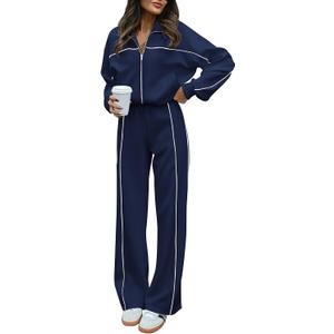 BTFBM Women's Two Piece Tracksuit Spring 2026 Long Sleeve Zip Up Sweatshirt Long Pants Outfits Jogger Sweatsuit Sets(Navy Blue, Medium)