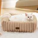 Bedsure ComfyFleece Cute Dog Bed for Small Dogs & Cats - Washable Furry Puppy Beds, Rectangle Orthopedic Corduroy Fleece Pet Beds with Removable Zipper Cover, 20x19x6inches, Sandy Beige