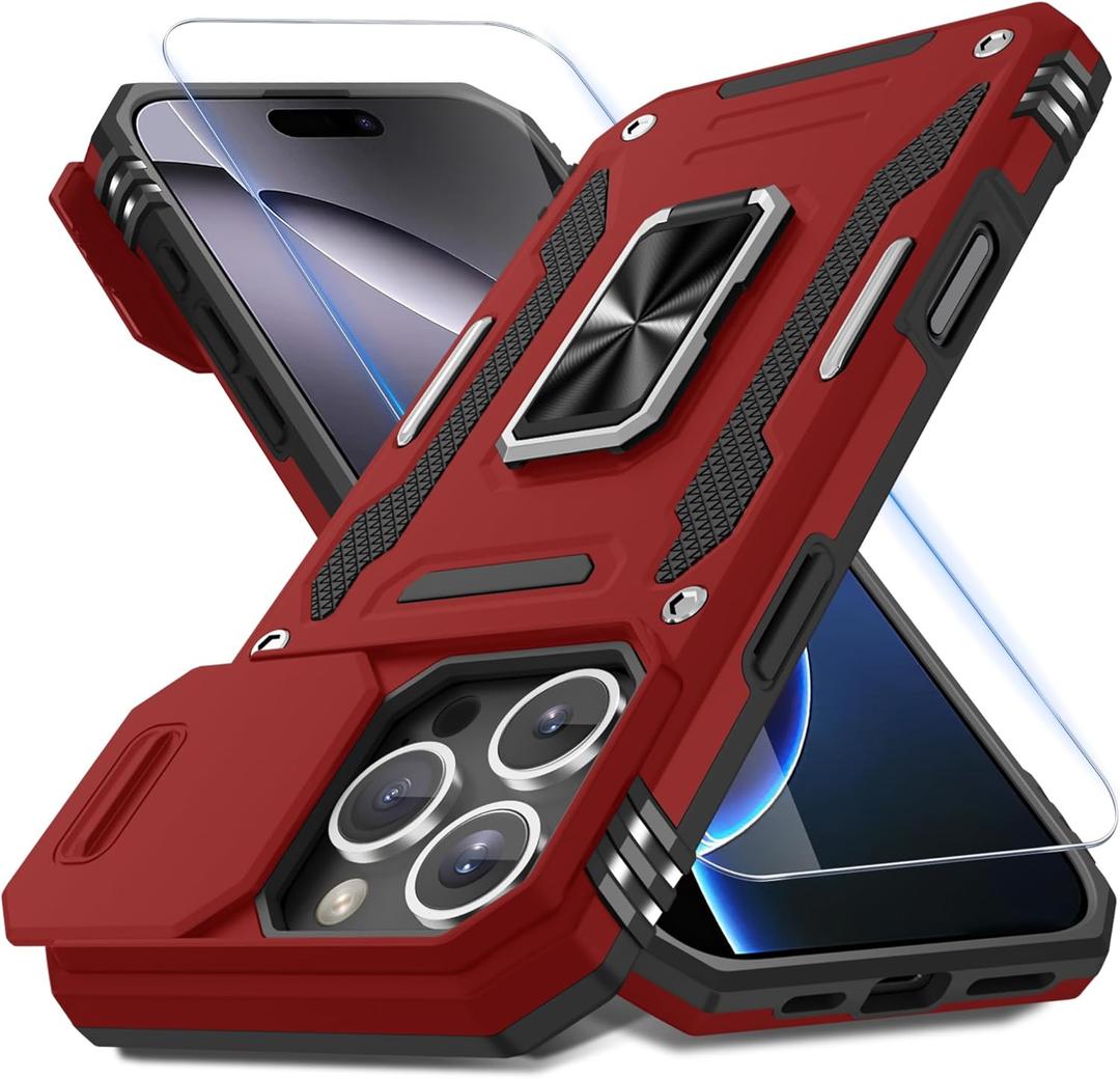 DEERLAMN Case for iPhone 16 Pro Max with Slide Camera Cover+Screen Protector (1 Pack), Rotated Ring Kickstand Military Grade Shockproof Protective Cover-Red