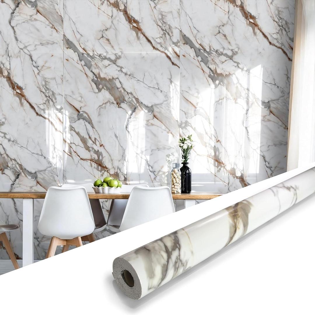 Marble Peel and Stick Waterproof Wall Paneling, 118" x 47" Calacatta Gold Glossy Finish Self-Adhesive Backsplash Tile Vinyl Wall Panel for Kitchen Bathroom Wall Decor, Covers 38.75 Sq. Ft.