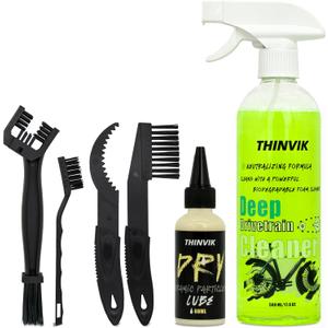Thinvik Bike Lube and Cleaner Set with 500ml Chain Cleaner, 60ml Wet/Dry Lubricant and 4 Brush Tools for Cleaning Chains, Chainrings, Freewheel/Cassette