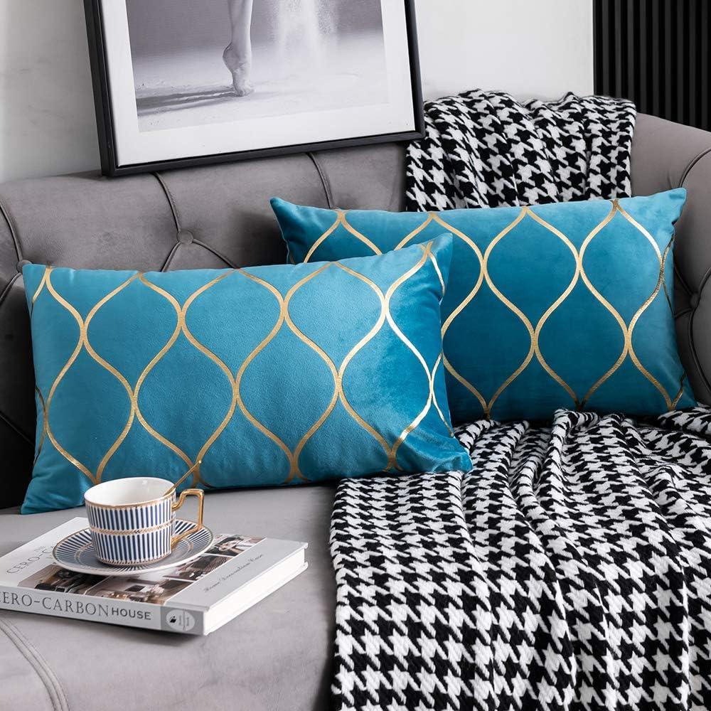DEZENE 12x20 Inch Gold Velvet Throw Pillow Covers: 2 Pack Rectangular Decorative Pillow Cases for Bedroom Sofa Couch Living Room, Turquoise