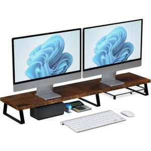 Vintage Wooden Dual Monitor Stand - 2 Monitor Riser with Metal Legs & Drawer, Office Desk Organizer