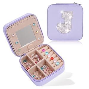 Uygafly Travel Jewelry Case - Personalized Jewelry Box, Small Cute Jewelry Organizers and Storage Aesthetic, Travel Essentials Birthday Gifts for Girls Women - Lavender Box | White J