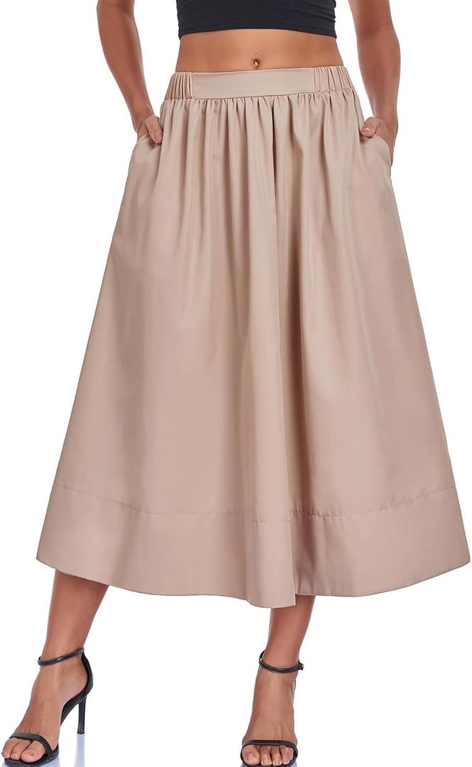 HOTIAN Women's A-Line Midi Skirts Casual Summer Elastic High Waist Pleated Flowy Beach Long Skirt with Pocket (M)