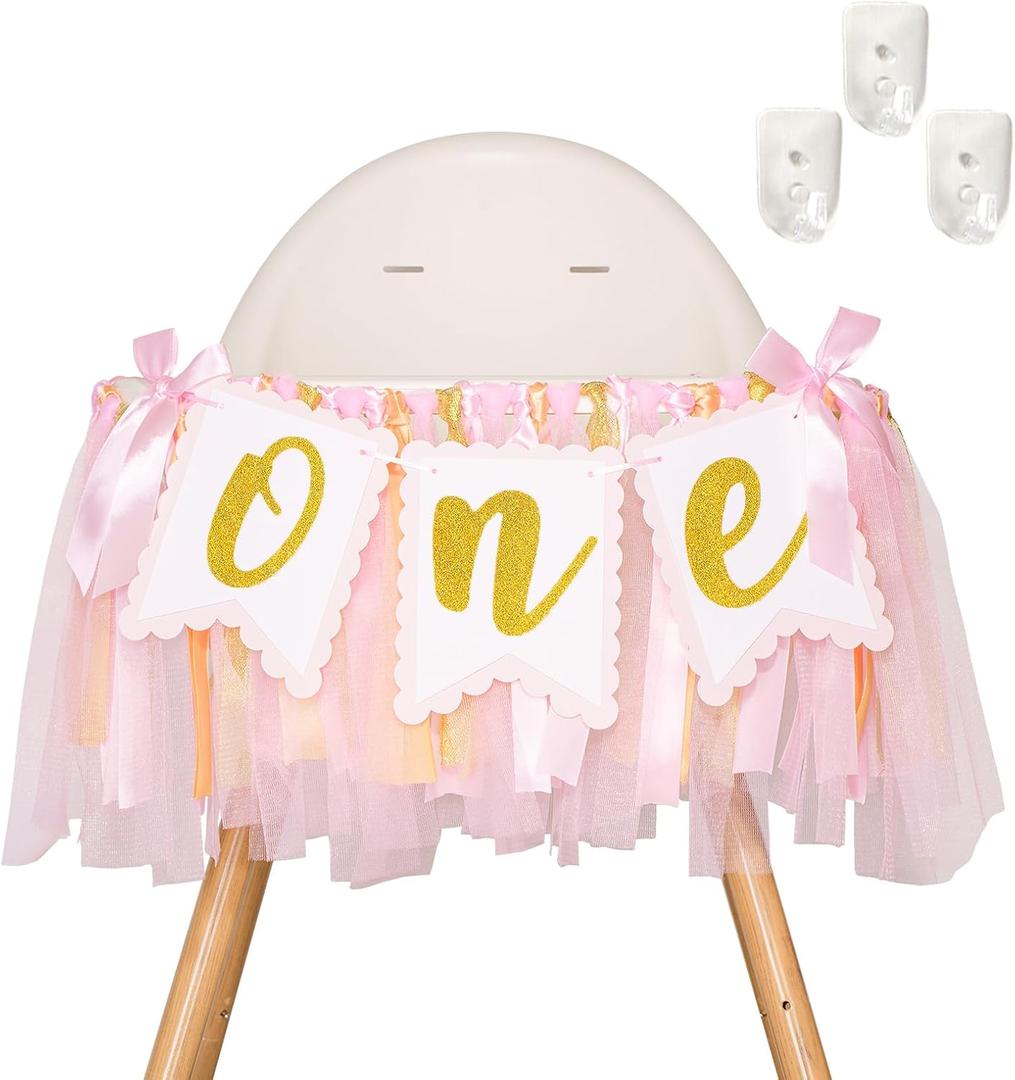 1st Highchair Banner Birthday Girl - NO DIY First Birthday Highchair Banner Pink One Year Old Birthdays Party Decoration 1st Highchair Garland Decoration for Princess Fairy Baby Photo Prop Party Decor