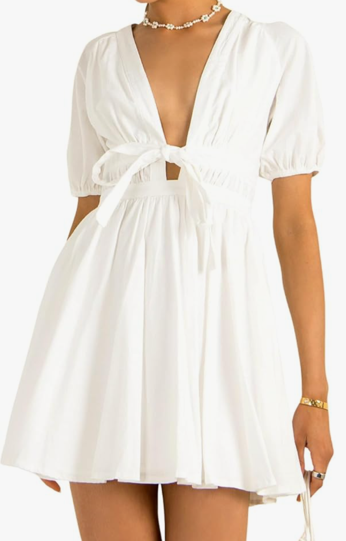Women's Cute Summer Short Puff Sleeve Tie Cotton Mini Dress, XS