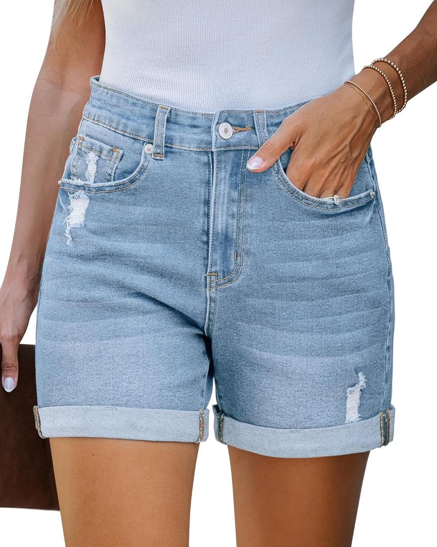 LookbookStore Jean Shorts Womens Stretchy High Waisted Ripped Denim Shorts with Pockets Trendy Distressed Cut Off Shorts (Large, Cool Blue)