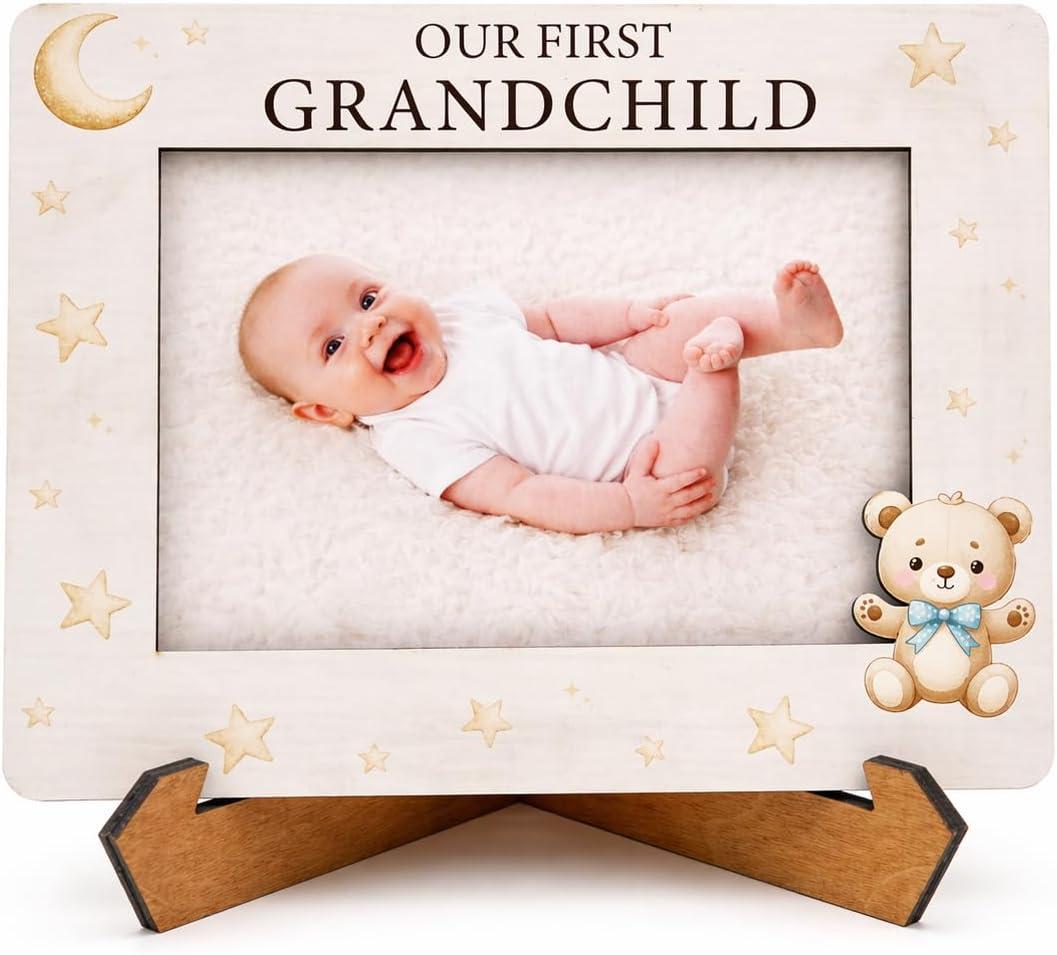 Our First Grandchild Wooden Photo Frame, New Grandparents Gifts First Time, Grandpa Fathers Day Gift Grandchildren Picture Frame Baby Keepsake with Stand, Tabletop Nursery Memory Decor