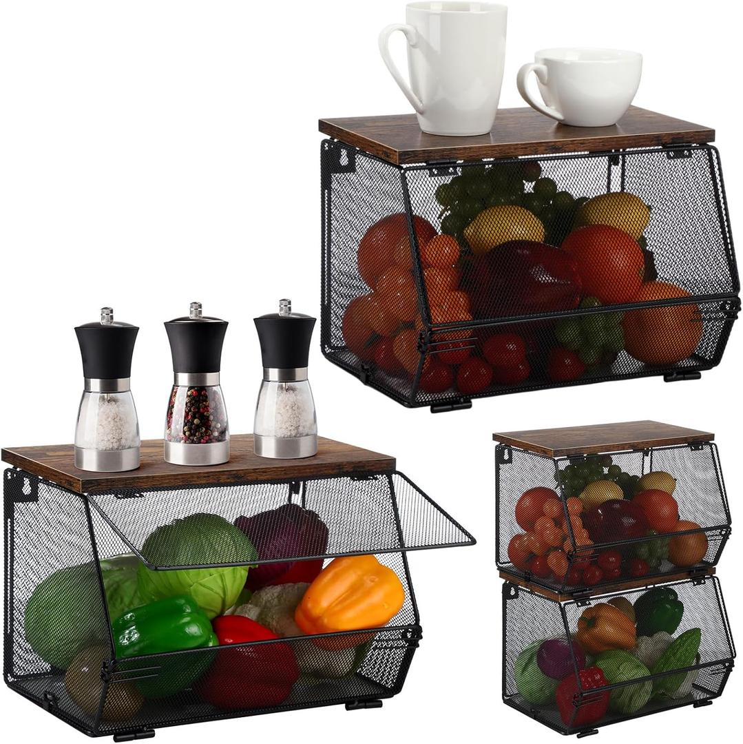 2 Pcs Stackable Metal Mesh Storage Basket with Wood Lid, Wall Mounted Hanging Basket Fruit Snack Vegetable Storage Container for Kitchen Counter Bathroom 7.1"w & 11.8"l(Black,Non-removable)