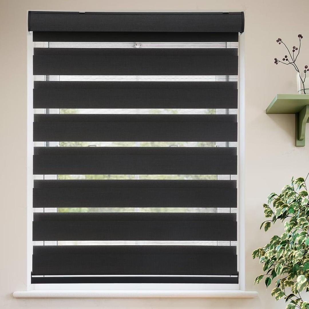 MYshade Roller Shades Zebra Blinds for Indoor Windows Cordless Day and Night Light Filtering Dual Layer Roller Window Blinds & Shades, Easy to Install, Size 22" W x 72" H, Black