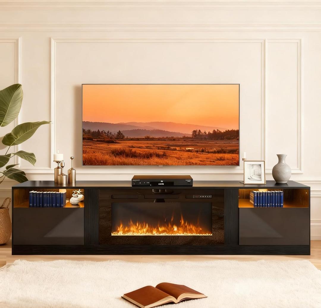 MXV 80" Fireplace TV Stand for TVs Up to 90", LED Light Entertainment Center with 36" Electric Fireplace, Modern Wood Texture TV Media Console with Highlight Storage Cabinet, Black+Black