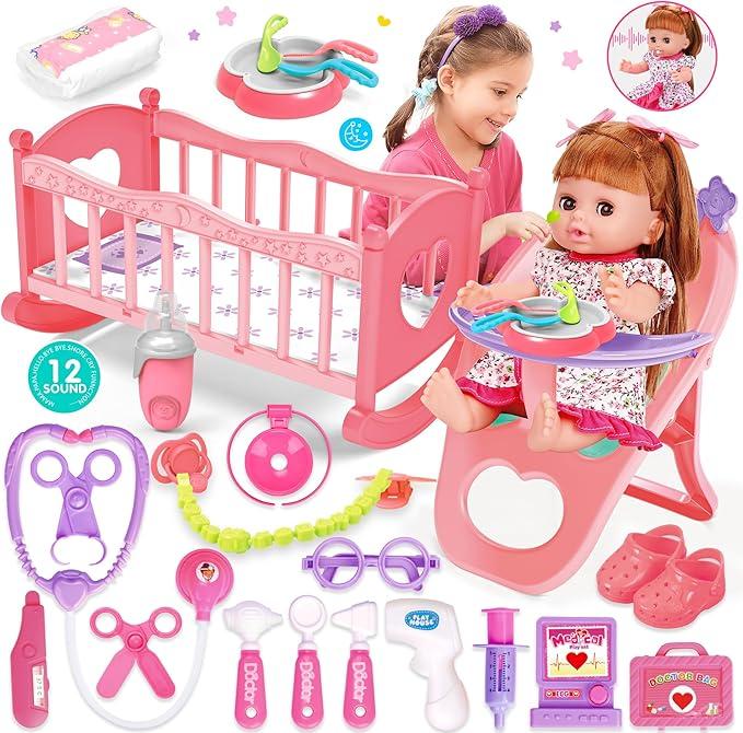 Baby Doll Toys Set, 14" Doll Toys, 25Pcs Dolls Care Toy Playset, Toddlers Toy Dolls Set Incl Cradle Crib, High Chair, Milk Bottle, Pacifier, Diaper, Baby Gift for Age 3 4 5 6+ Years Old Girls Boys