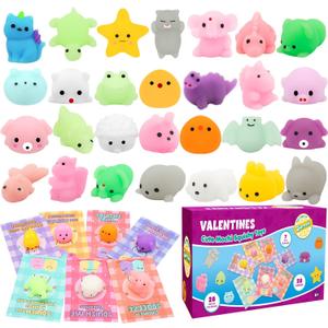 28 Pack Valentines Day Gift Cards for kids with Animal Squishy Toy, Valentine's Party Favor Kawaii Mochi Squishy Toys with Cards, Stress Relief Fidget Toy for Kids Classroom Exchange Prizes, 2 Pack