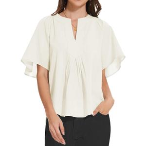 2 x LOZ Womens Dressy Casual Summer Tops Ruffle Short Sleeve Shirts Pleated Crew Neck Workout Blouses 2025 (Small, Off-white)