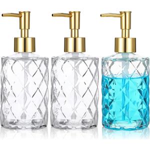 3 Pack Diamond Embossed Glass Soap-Dispensers with Gold Plastic Pump, 12 OZ Bathroom soap Dispenser, Elegant Hand Soap Dispenser for Bathroom & Kitchen