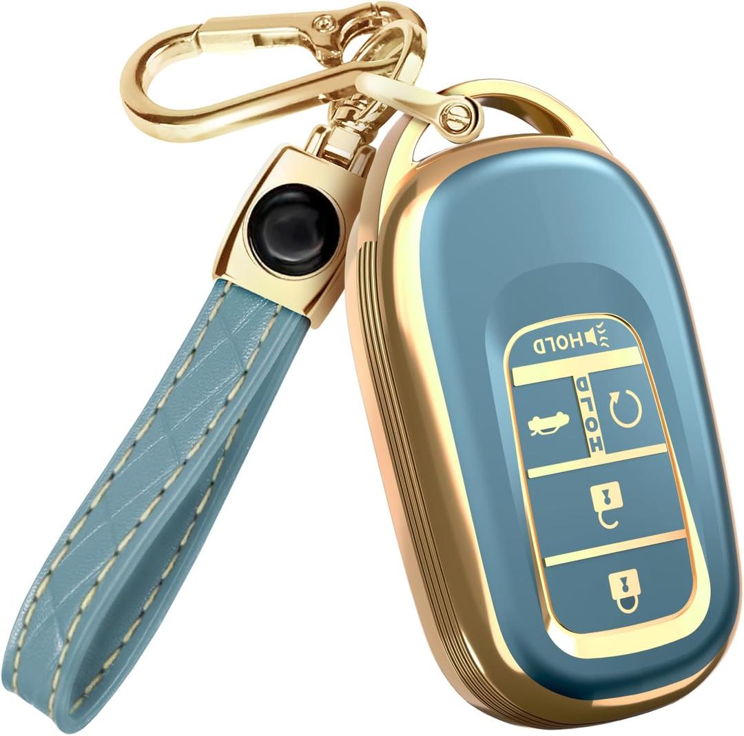 Lucrum Compatible with Honda Key Fob Cover & Leather Keychain - TPU Keyfob Case for Accord Civic CR-V HR-V Pilot Ridgeline, For 5 Button Remote (2022-2026) - Blue and Gold