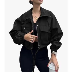 Tankaneo Womens Cropped Jacket Zip Up Lightweight Oversized Utility Anorak Coat with Pockets S