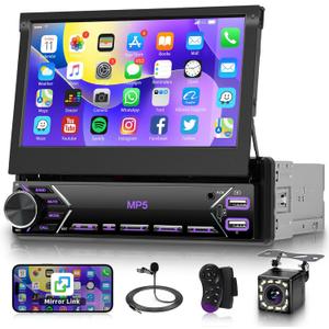Single Din Flip Out Car Stereo Bluetooth 7 Inch Retractable Touch Screen Car Radio 1 Din Mirror Link/FM/EQ USB/Type-C/AUX SWC, Driauto Car Audio Receiver MP5 Multimedia Player with Backup Camera