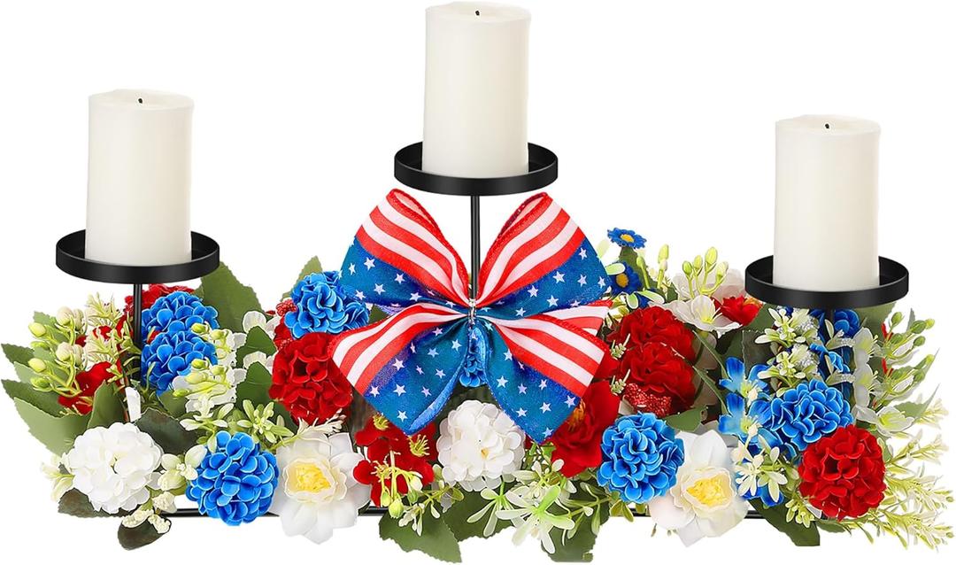 Mumufy 18.5" Big 250th Anniversary Patriotic Table Centerpiece Decor, 4th of July Candle Holder Red White and Blue Artificial Flower Wreath Ring USA American for Memorial Day (Elegant Style)