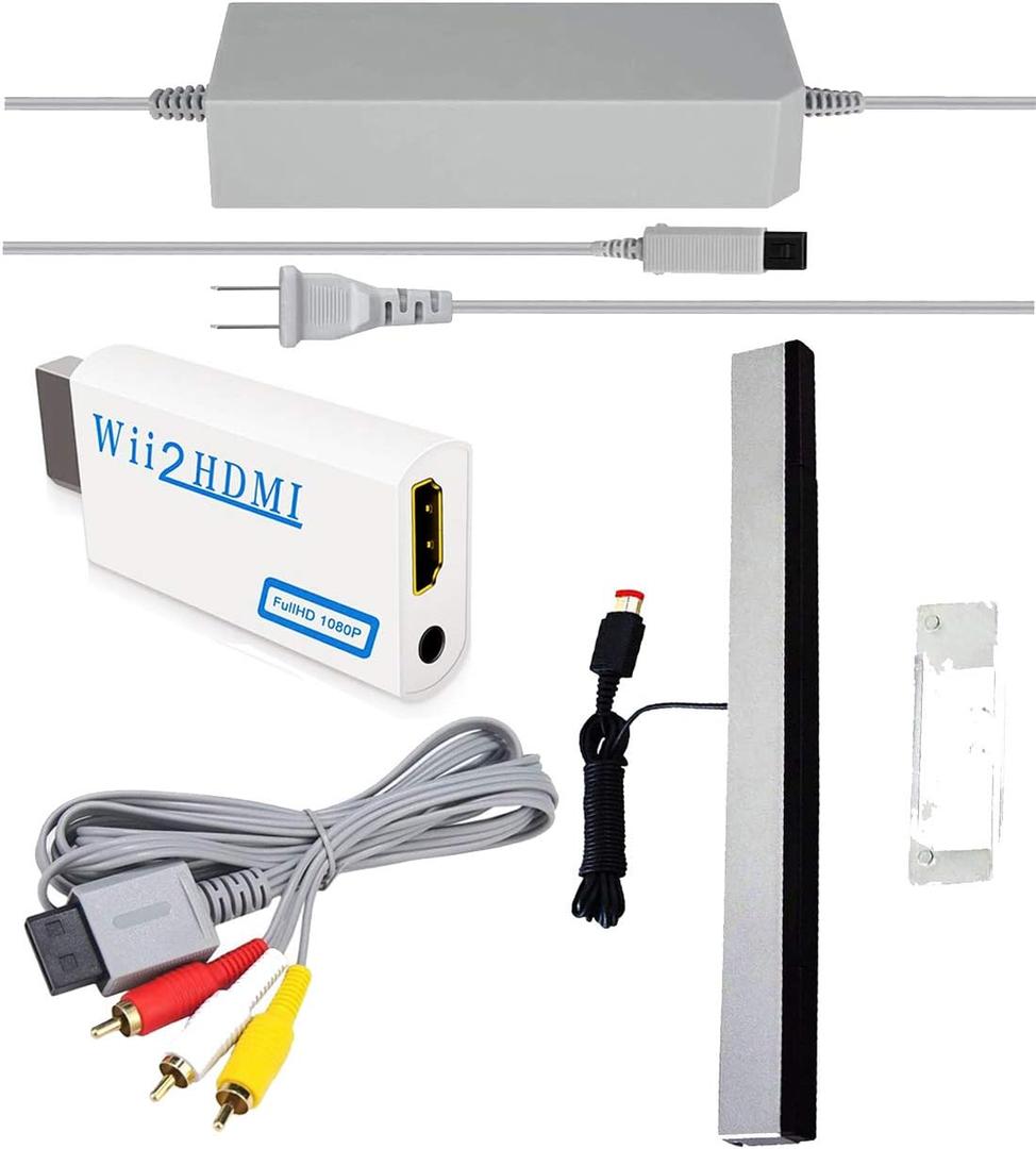 4 in 1 Wii Replacement Cables Set - AC Power Adapter, Wii to HDMI Converter, Wired Motion Sensor Bar and Composite AV Cable