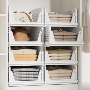 Proarea 5 Pack Stackable Storage Bins, Closet Organizers and Storage, Foldable Closet Organizer Baskets for Clothes, Plastic Drawer Bins for Closet Organization, Wardrobe Shelf, Laundry Room, White