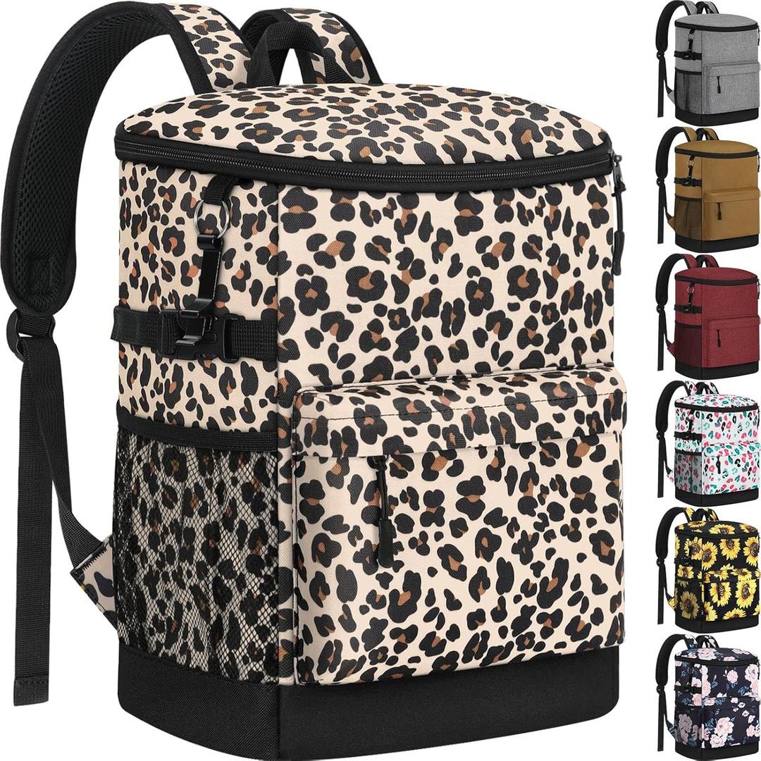 Cooler Backpack 33 Cans Backpack Coolers Insulated Leak Proof Soft Beach Cooler Bag for Men Women Ice Chest Backpack Camping Hiking Picnic Travel Cooler Lunch Backpack (21L-40 Cans, Leopard Print)