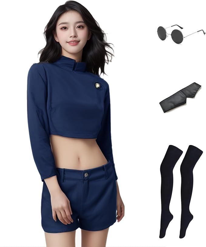 Women Anime JJK Satoru Cosplay Costume Jujutsu Japanese School Uniform Jacket Shorts Outfit with Glasses Blindfold (XL-gojoo shorts), X-Large, Gojooshorts