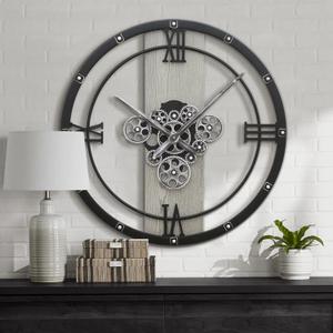Micasso 24 inch Large Real Moving Gears Wall Clock, Oversized Vintage Solid Wood Farmhouse Silent Clock, Non-Ticking Battery Operated Wall Clocks for Office,Living Room,Kitchen. (24*24 Inch, Gray)