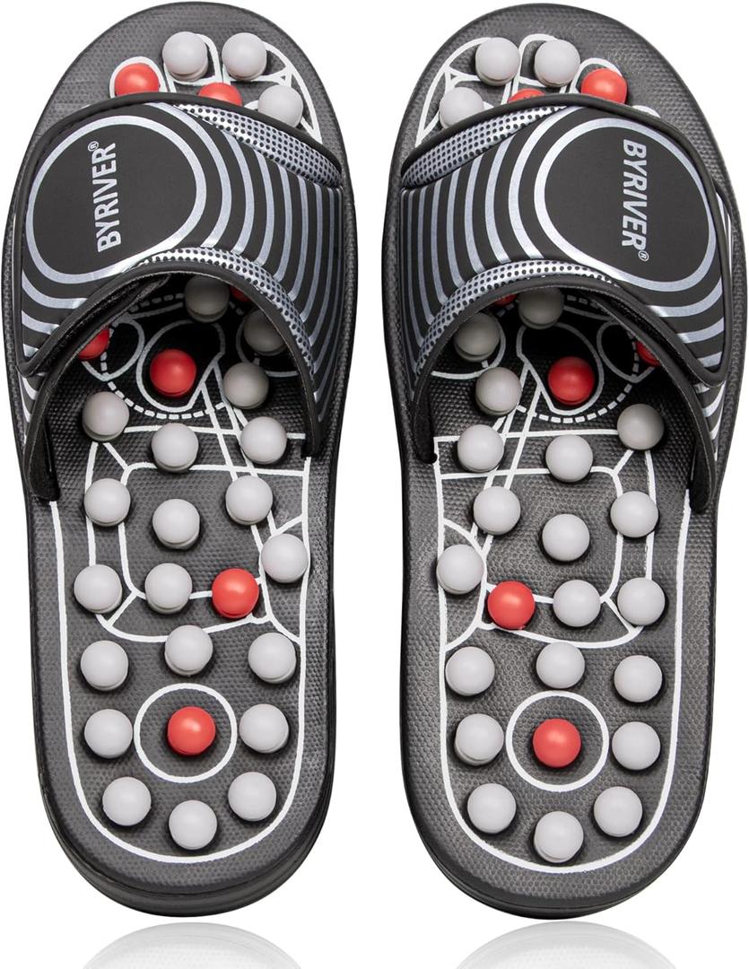 BYRIVER Foot Reflexology Tools Pressure Point Massage Mat Slippers Slides Sandals Shoes, Back Knee Feet Arch Heel Pain Tension Relief Products, Relaxation Gifts for Mom Dad Parents(02L) (L-Men(9.5-11), Black Spring Slippers)