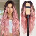 AISI HAIR Ombre Pink Wig for Women, Long Wavy Lace Hairline Middle Part Synthetic Heat Resistant Wig for Daily Party-26 Inch