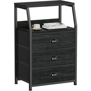 Furnulem Black Night Stand, Small Dresser for Bedroom, Nightstand with 3 Fabric Storage Drawers and 2Tier Shelf, End Table Side Furniture for Closet, Hallway, Nursery, Sturdy Steel Frame, Wood Top