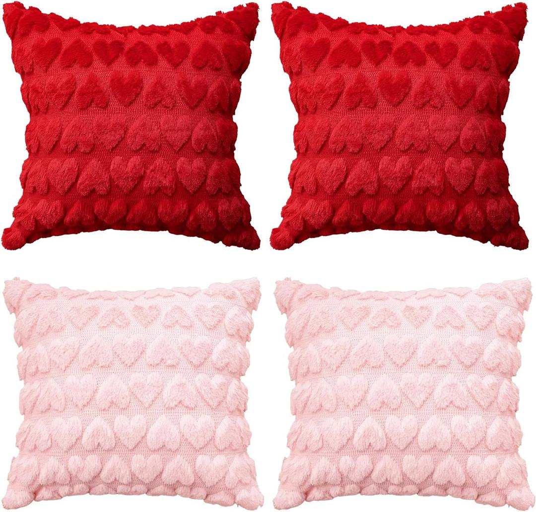 AVOIN colorlife Valentine's Day Love Heart Red Pink Throw Pillow Covers Set of 4, 18 x 18 Inch Anniversary Wedding Home Decor Soft Plush Faux Fur Jacquard Cushion Case for Sofa Couch