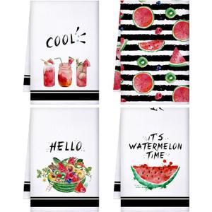 Honoson 4 Pieces Watermelon Kitchen Towels Summer Farmhouse Decorative Dish Towel Watermelon Absorbent Plaid Tea Washcloths for Summer Kitchen Cooking Home Cleaning Decor