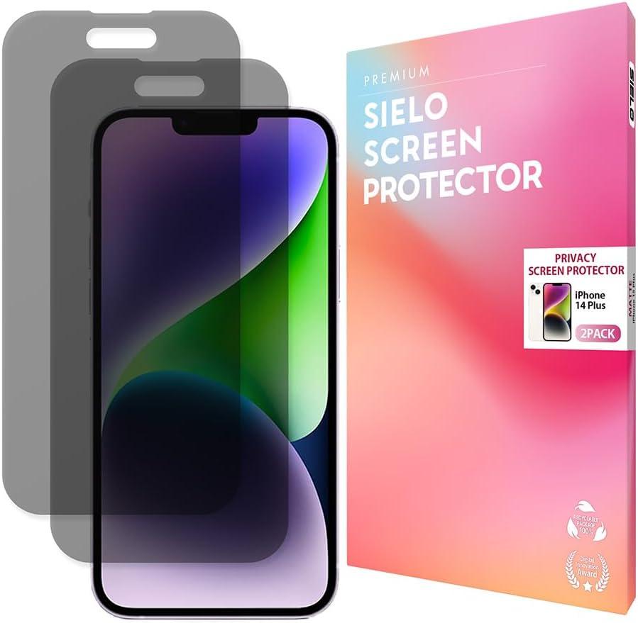 SIELO 2PACK Privacy Screen Protector for iPhone 14 Plus, Anti-Scratch, Anti-Fingerprint, Anti-Shatter, Touch Sensitive, PET Film, Blue Light Block, Easy Install, 9H Hardness