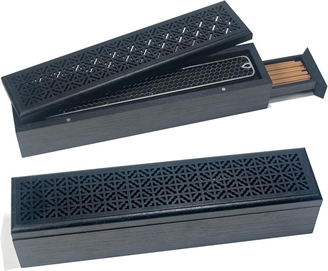 Incense Holder with Storage,Incense Holder Burner,Incense Box,Coffin Incesne Holder for Sticks, Wooden Incense-Stick Holder Ash Catcher for Home Meditation,Yoga,Bedroom,Studyroom,Office Decor(Black)