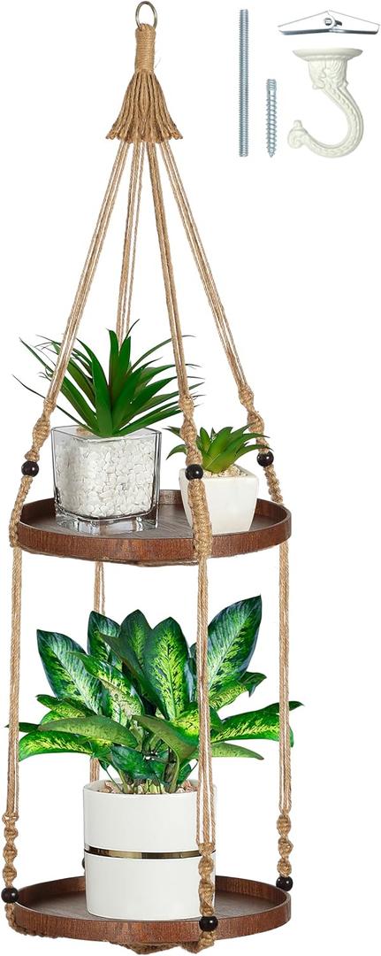 2 Tier Macrame Plant Hanger | Plant Hanger Indoor, Hanging Planter | Hanging Planter Shelf (Jute) (Large, 12" Shelf) (Brown)