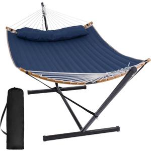 SUNCREAT Portable Outdoor Hammock with Stand, Heavy Duty Hammock with Carrying Bag, Soft Pillow, Balance Ropes, Dark Blue