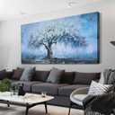 Enartly Teal Tree Wall Art for Living Room, Blue Artwork Nature Abstract Canvas Painting Textured Picture Modern Large Panoramic Landscape Framed for Hallway Bedroom Office Home Decor 40"x20"