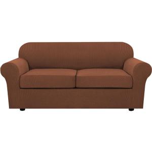 H.VERSAILTEX 3 Piece Stretch Sofa Covers for 2 Cushion Sofa Couch Covers for Living Room Sofa Slipcovers (Base Cover Plus 2 Seat Cushion Covers) Thicker Jacquard Fabric(Large Sofa, Caramel) (Medium-XL)
