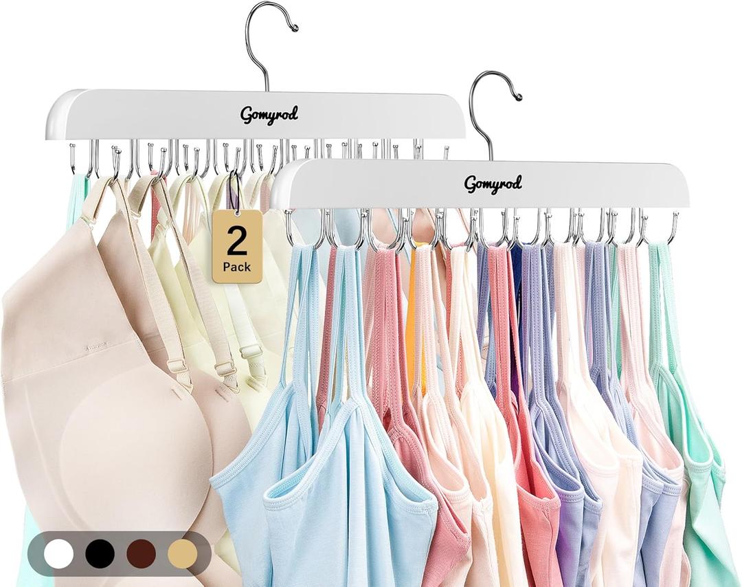 Gomyrod Bra Hanger for Closet, 2 Pack Tank Top Hanger w/20 Hooks Capacity Foldable Wood Space Saving Hangers, 360Rotating Closet Organizers and Storage for Dorm & Apartment for Bra Scarf Ties(White)